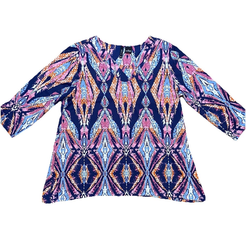 New Directions Boho Geo Neckline Cutout‎ Top Women PL 3/4 Sleeve Abstract Artsy